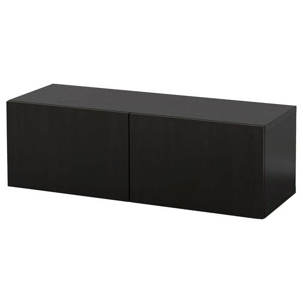 A black rectangular storage unit. Its sleek and minimalist with two doors. The smooth surface and modern style make it suitable for various spaces.