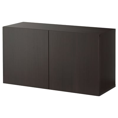 Black rectangular storage cabinet, flat-topped, with two doors.
