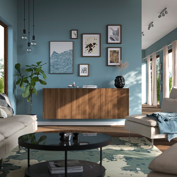 BESTÅ Wall-mounted cabinet combination, black-brown Lappviken/brown walnut effect, 180x42x64 cm