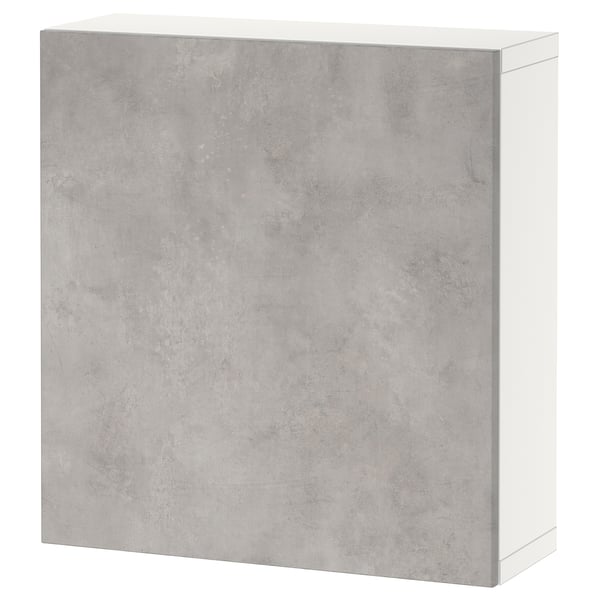 A white BESTÅ storage unit with a grey-textured door in a square shape.