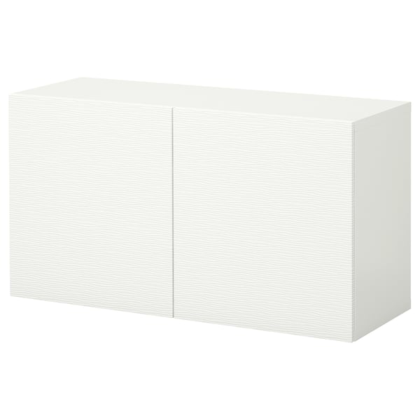 White IKEA BESTÅ storage unit, rectangular with clear finish, two sections, modern design.