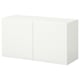 White IKEA BESTÅ storage unit, rectangular with clear finish, two sections, modern design.