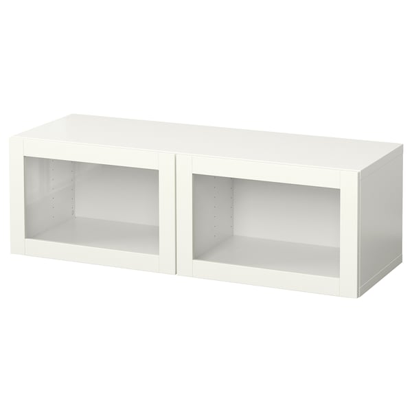 An IKEA BESTÅ white rectangular storage unit with two open compartments and no doors.