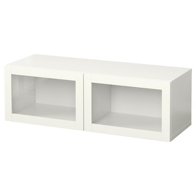 An IKEA BESTÅ white rectangular storage unit with two open compartments and no doors.