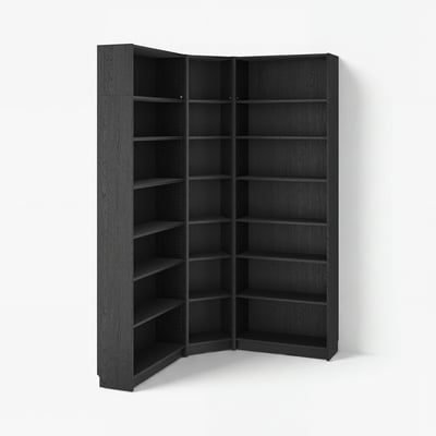 BILLY Bookcase corner comb w ext units, black oak effect, 136/136x28x237 cm
