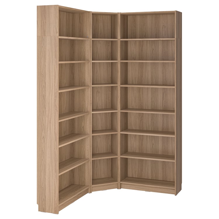 BILLY bookcase corner comb w ext units, oak effect, 136/136x28x237 cm
