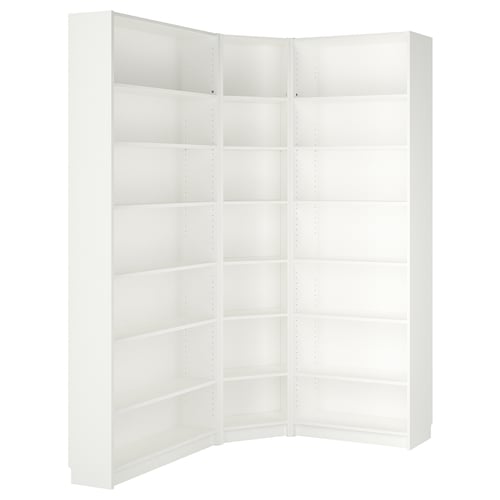 White BILLY corner bookshelf, sleek design, multiple shelves.