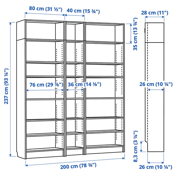 BILLY bookcase w height extension units, white, 200x28x237 cm IKEA