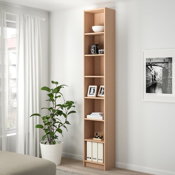 BILLY Bookcase with height extension unit, white stained oak veneer