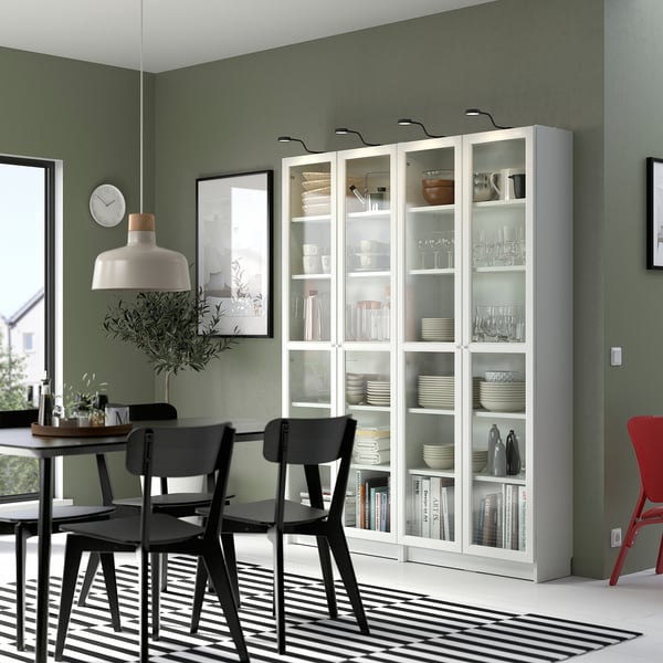 BILLY / OXBERG Bookcase combination w glass doors, white/glass, 160x30x202 cm