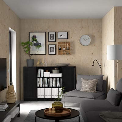 BILLY / OXBERG Bookcase combination with doors, black oak effect, 160x106 cm