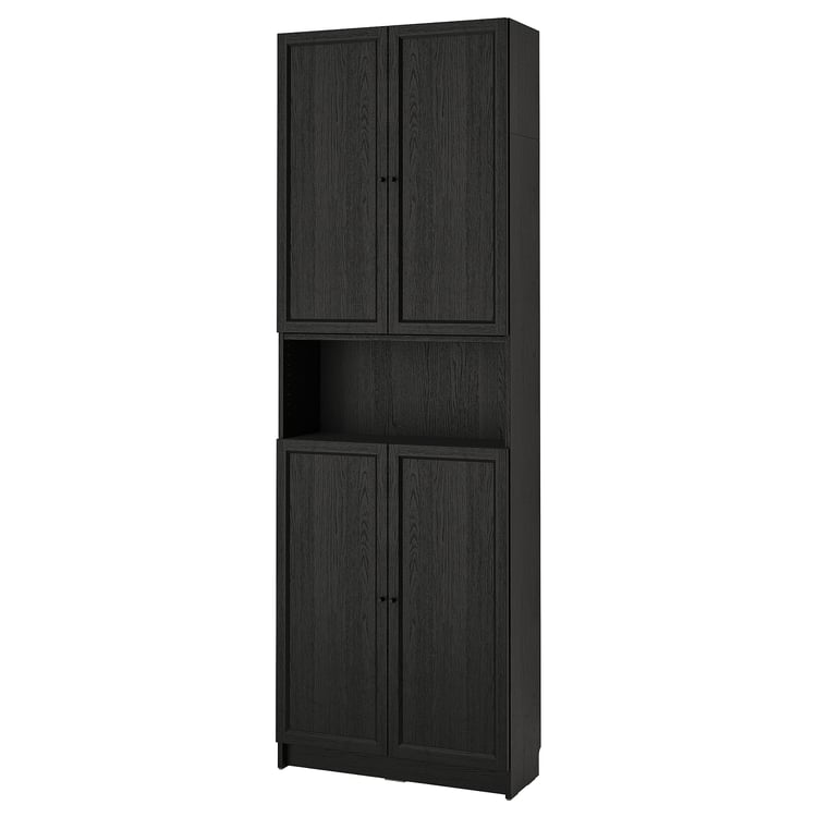 BILLY / OXBERG bookcase w doors/extension unit, black oak effect