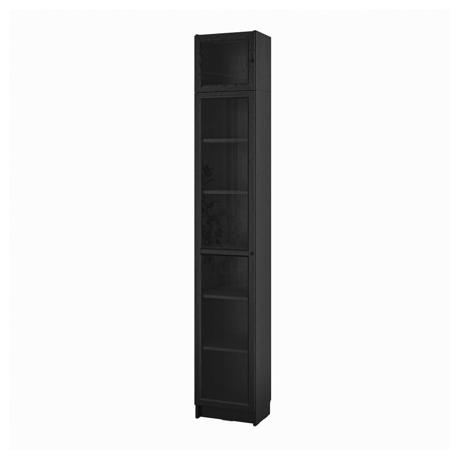 BILLY / OXBERG bookcase w glass doors/ext unit, black oak effect
