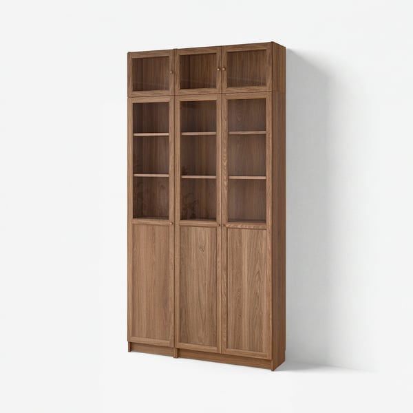 BILLY / OXBERG Bookcase w hght ext ut/pnl/glss drs, brown walnut effect/clear glass, 120x30x237 cm