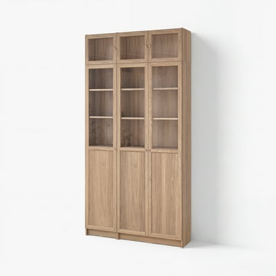 BILLY / OXBERG Bookcase w hght ext ut/pnl/glss drs, oak effect/clear glass, 120x30x237 cm