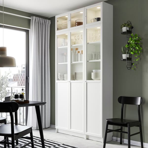 BILLY / OXBERG Bookcase w hght ext ut/pnl/glss drs, white/glass, 120x30x237 cm