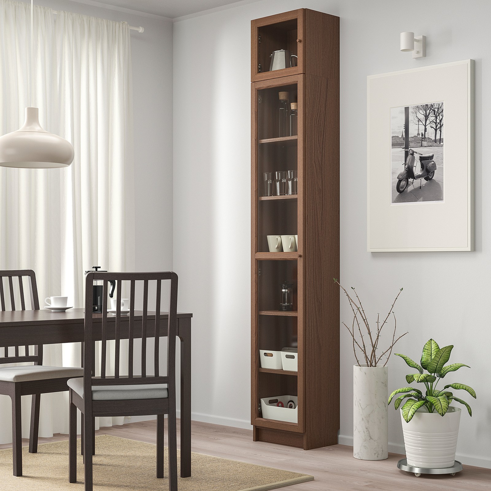 BILLY / OXBERG Bookcase with glass door, brown ash veneer, glass