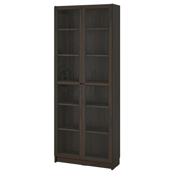 BILLY / OXBERG bookcase with glass doors, dark brown oak effect