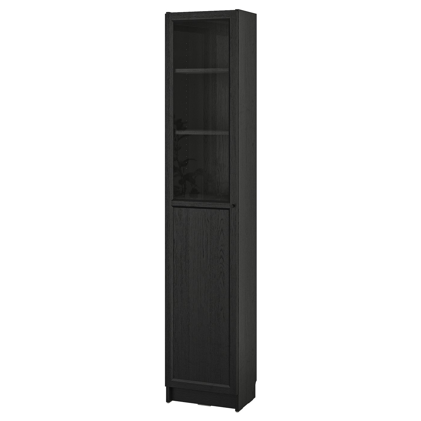BILLY / OXBERG bookcase with panel/glass door, black oak effect