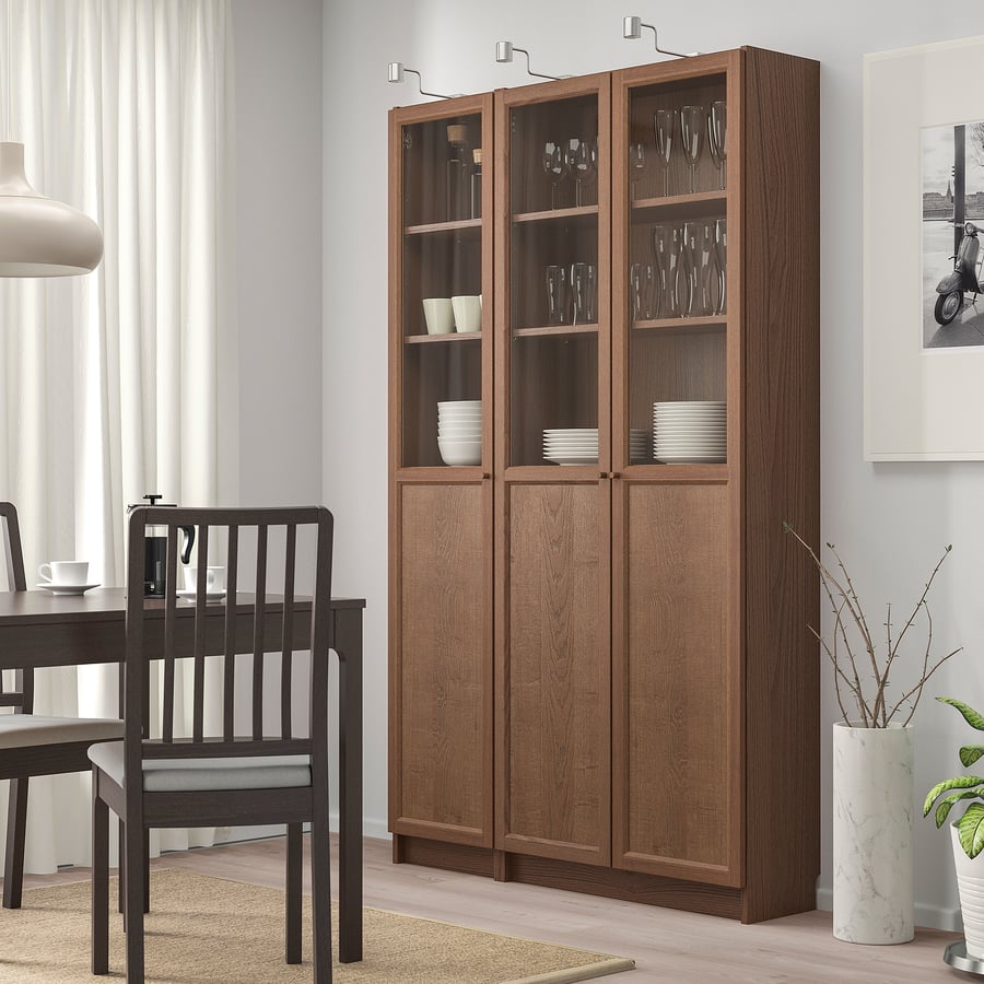 BILLY / OXBERG Bookcase with panel/glass doors, brown ash veneer, glass