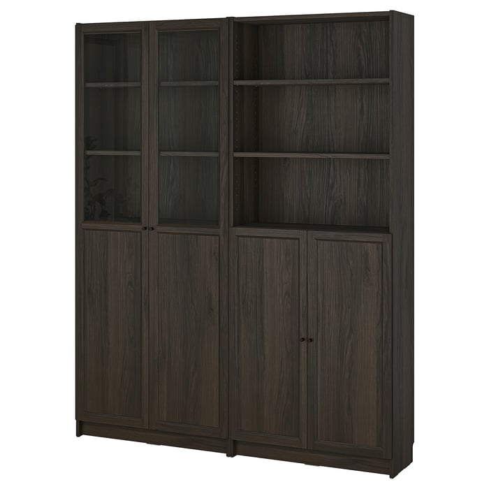 BILLY / OXBERG bookcase with panel/glass doors, dark brown oak effect