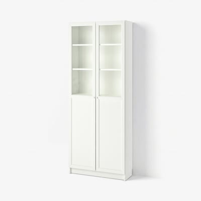 BILLY / OXBERG Bookcase with panel/glass doors, white, 80x30x202 cm