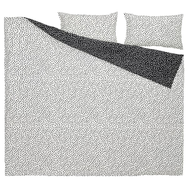 BJÖRKGRÅMAL Duvet cover and 2 pillowcases, black white/dotted, 200x200/50x80 cm