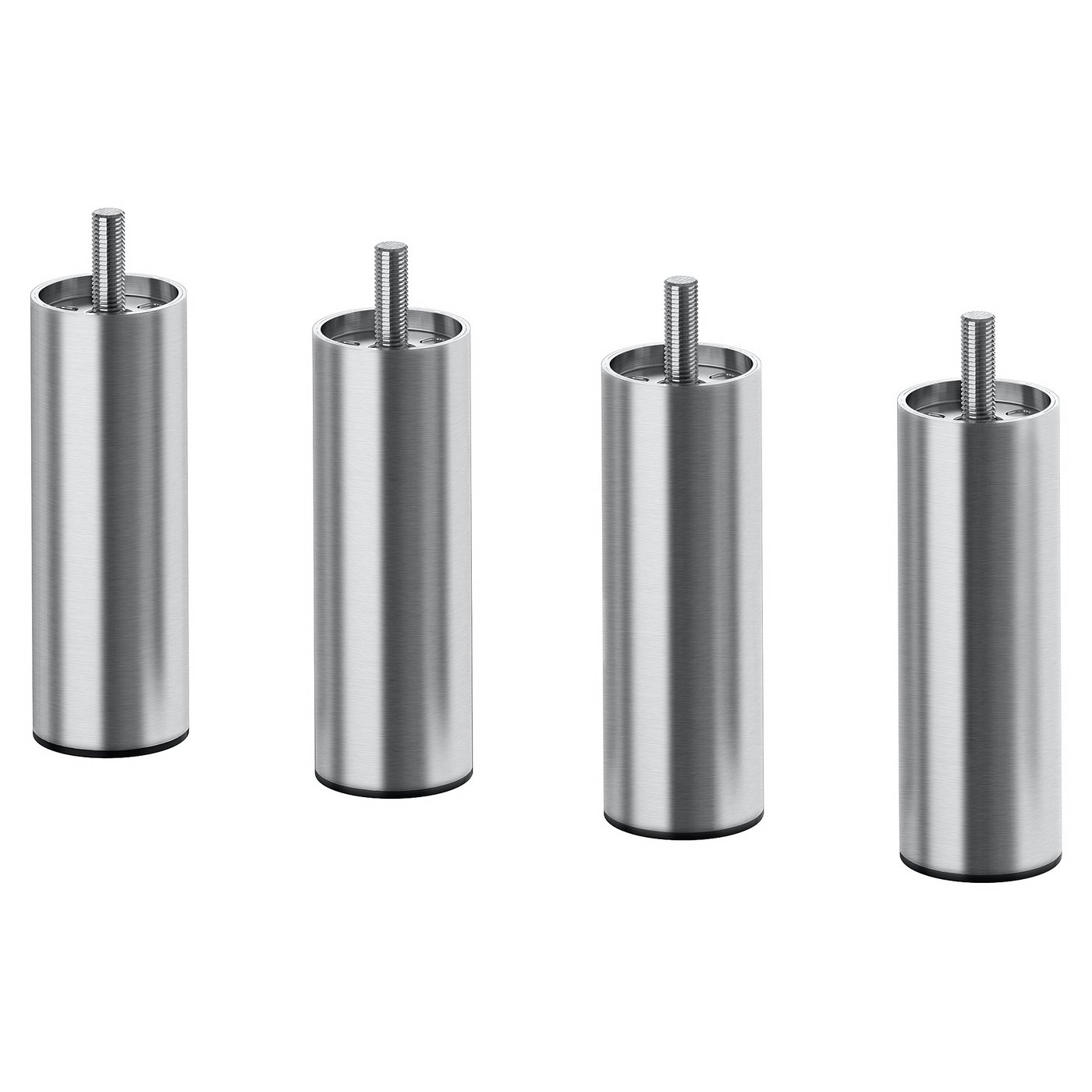 Four stainless steel BJORLI foot replacements, cylindrical with threaded screws, arranged in a row.