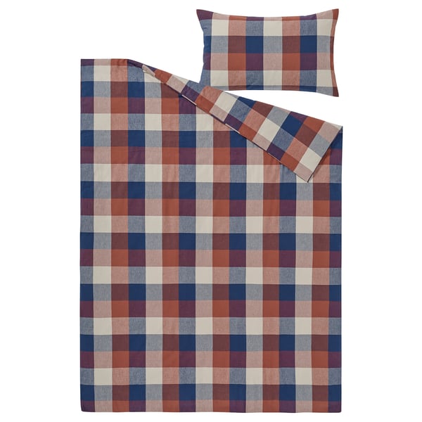 Multicoloured chequered bedding set, cotton flannel duvet and pillowcase.
