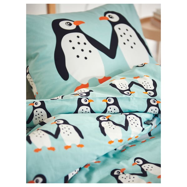 BLÅVINGAD Duvet cover and pillowcase, penguin pattern/light turquoise, 150x200/50x80 cm
