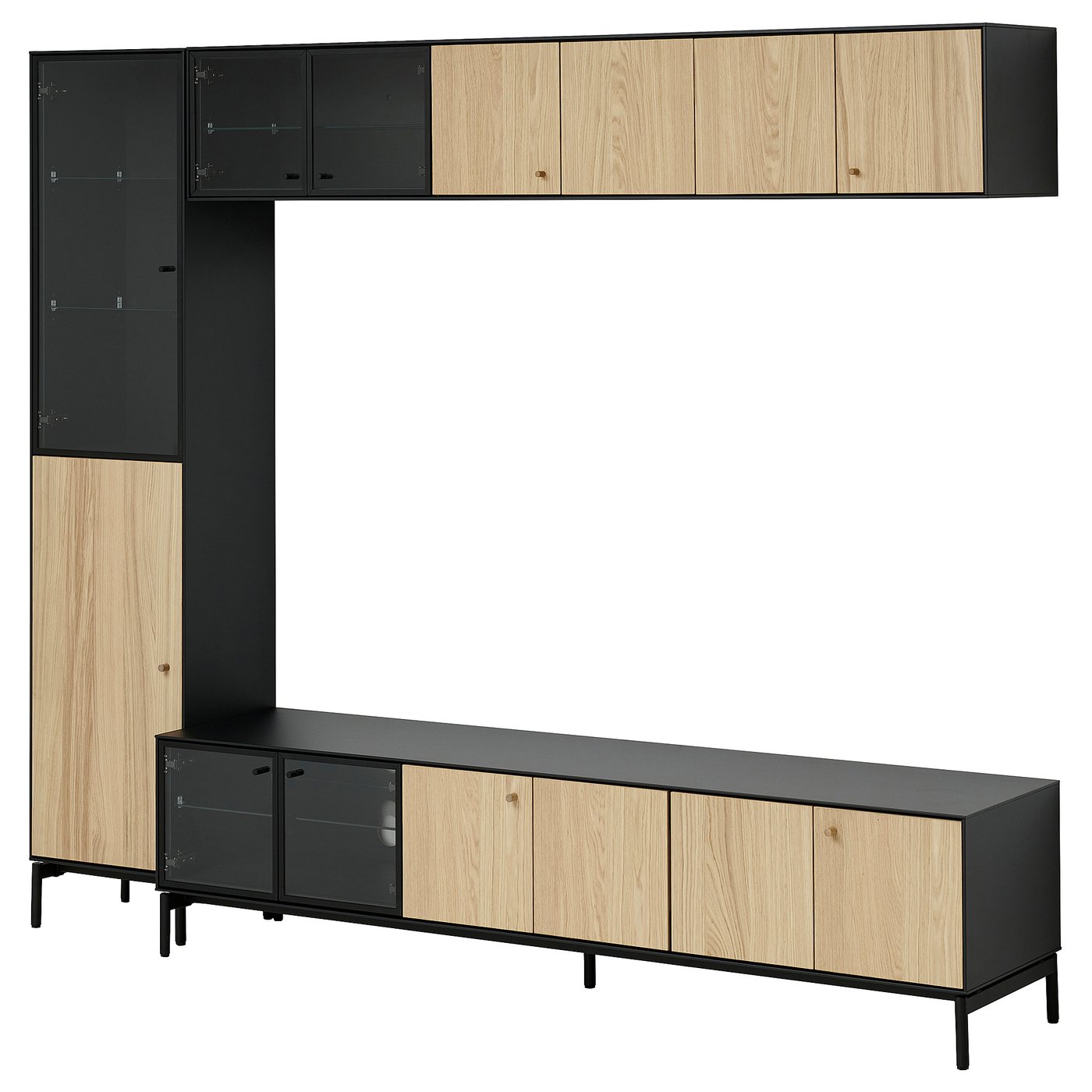 BOASTAD TV storage combination - black/oak veneer 223x42x185 cm