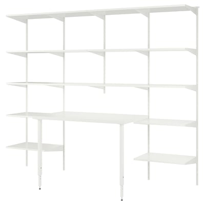 A white BOAXEL storage system with multiple shelves and a table top, made of steel and particleboard, designed for organised closet space.