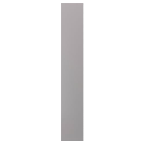 A vertical, grey BODBYN cabinet panel with bevelled edges, made of acrylic-painted fiberboard, providing a smooth and traditional design.