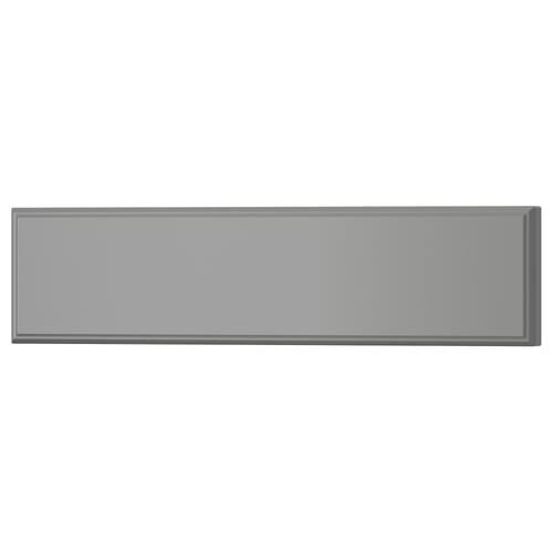 BODBYN grey kitchen cabinets with bevelled panels, smooth lacquered surface.