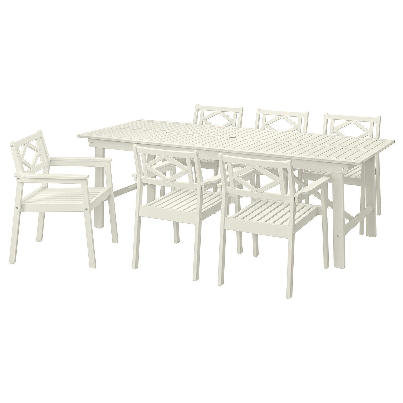 BONDHOLMEN Table+6 chairs w armrests, outdoor - white/beige