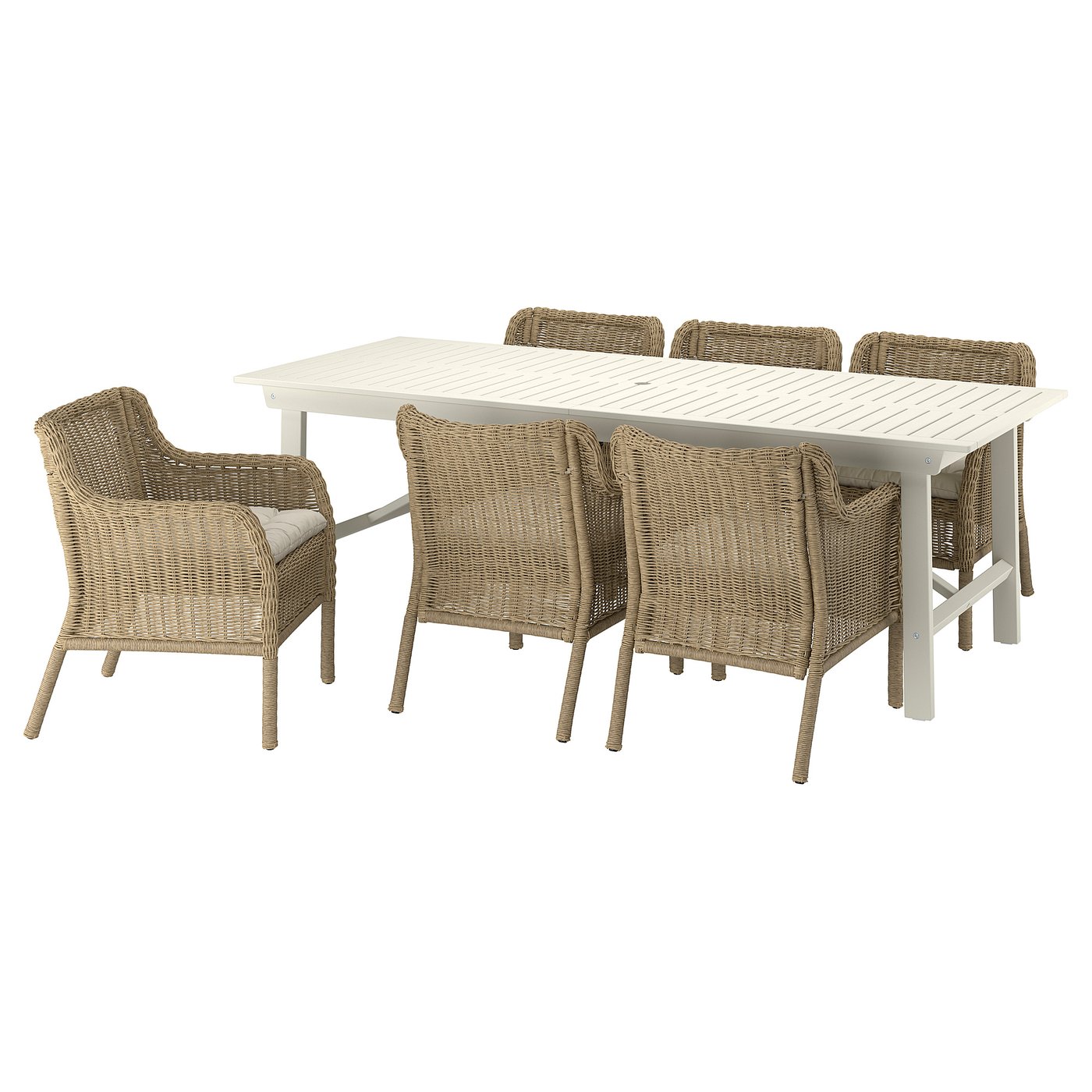 BONDHOLMEN / ULVEVÄR Table+6 chairs w armrests, outdoor - white/beige plastic rattan brown/Kuddarna light grey-beige 235x90 cm