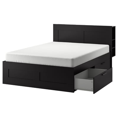 BRIMNES Bed frame w storage and headboard, black/Luröy, Queen