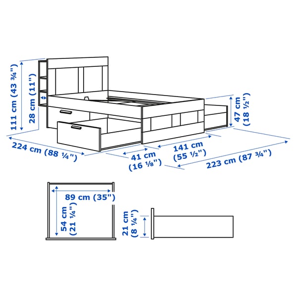 BRIMNES Bed frame w storage and headboard, white, Double