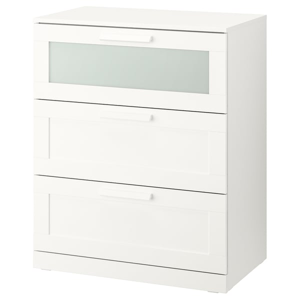 BRIMNES Chest of 3 drawers, white/frosted glass, 78x95 cm