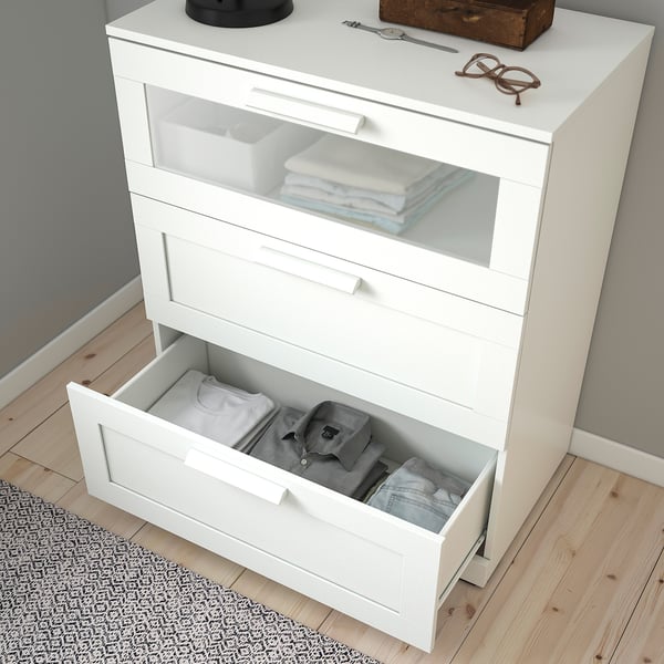 BRIMNES Chest of 3 drawers, white/frosted glass, 78x95 cm