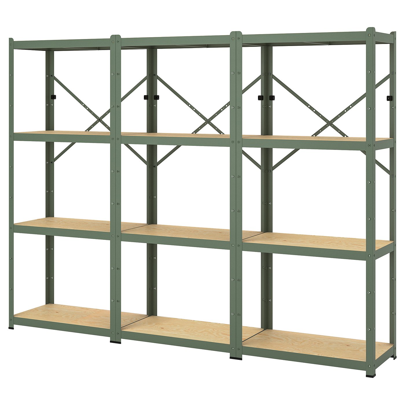 BROR Shelving unit - grey-green/pine plywood 254x40x190 cm