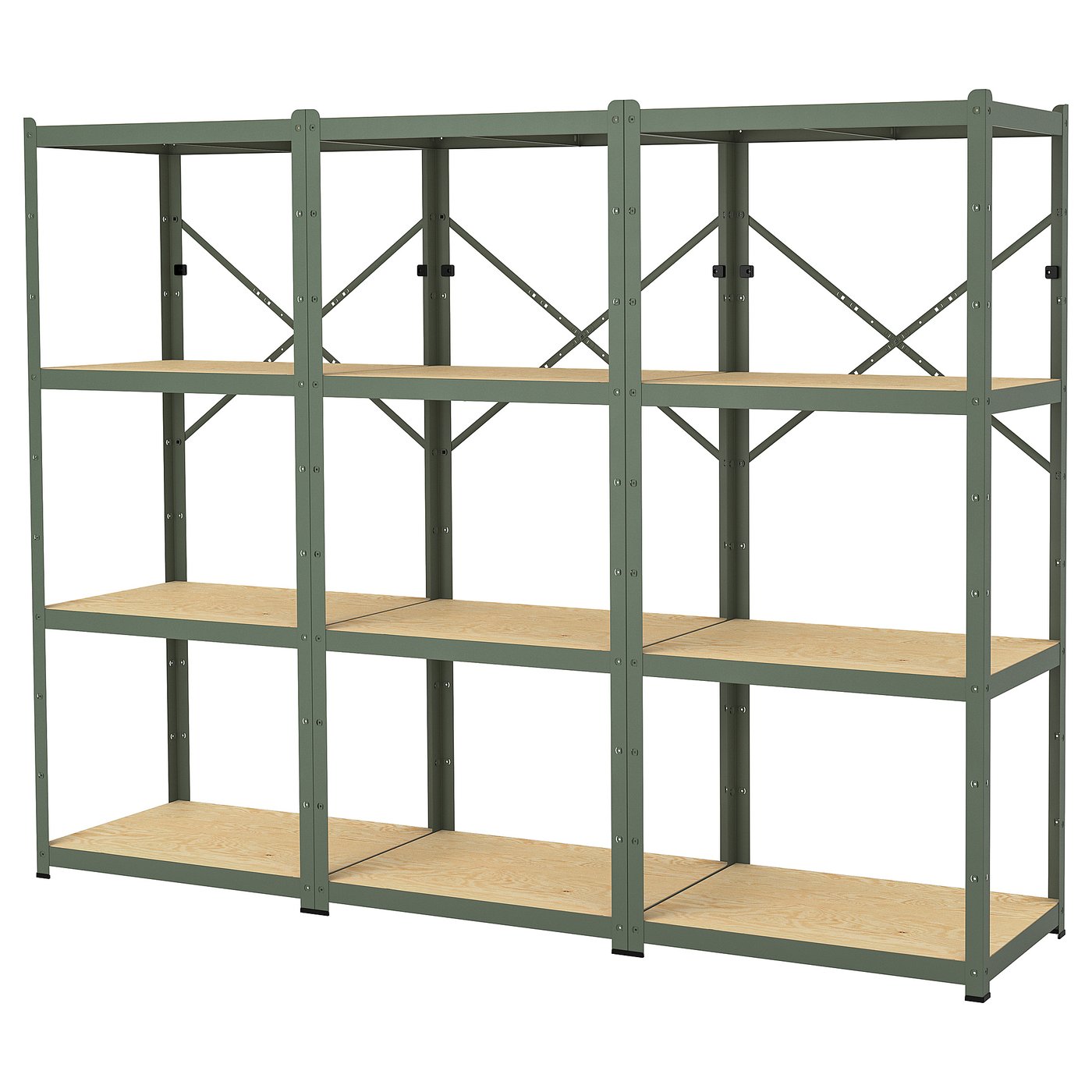BROR Shelving unit - grey-green/pine plywood 254x55x190 cm