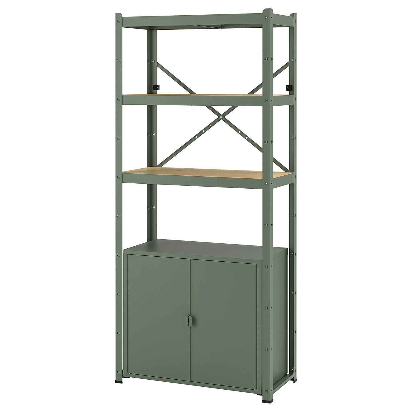 BROR Shelving unit with cabinet - grey-green/pine plywood 85x40x190 cm