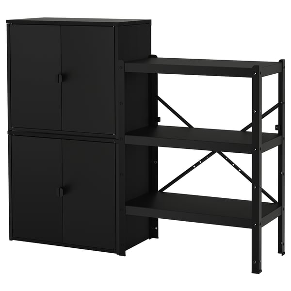 A black BROR storage system with metal shelves and cabinets, suitable for heavy loads and versatile for various rooms.