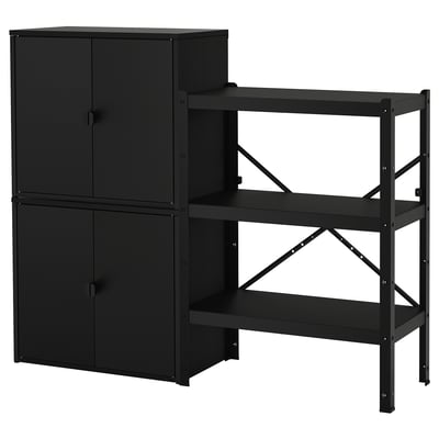 A black BROR storage system with metal shelves and cabinets, suitable for heavy loads and versatile for various rooms.