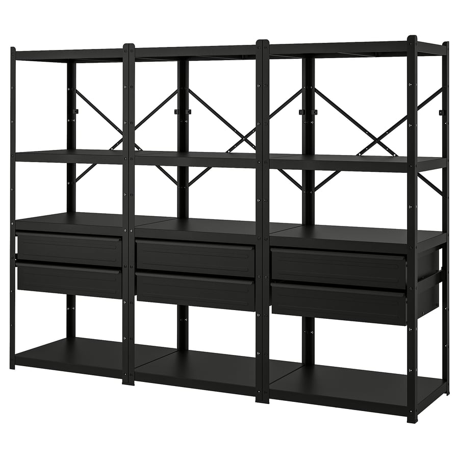 BROR Shelving unit with drawers/shelves, black, 254x55x190 cm IKEA