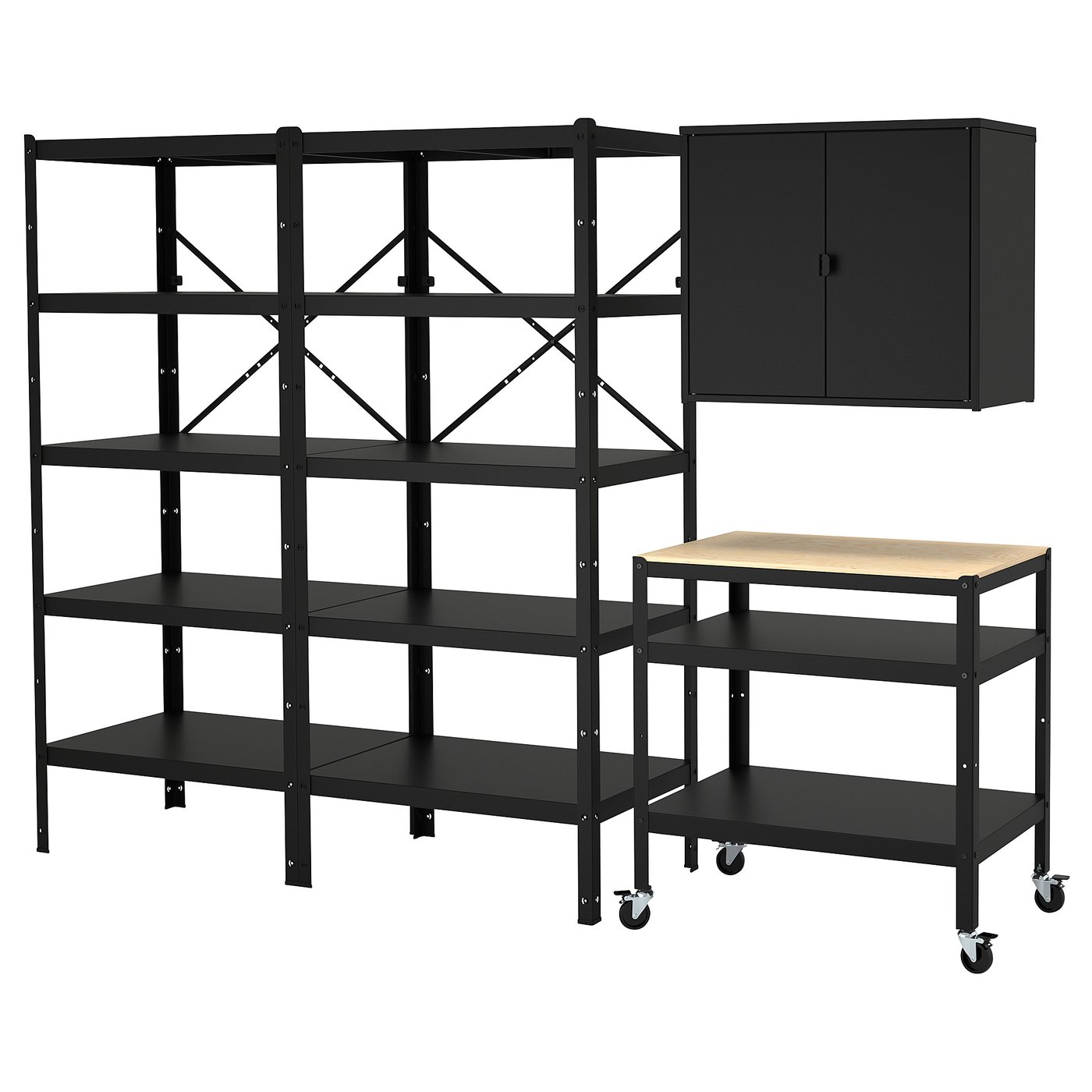 BROR Storage w shelves/cabinet/trolley - black/pine plywood