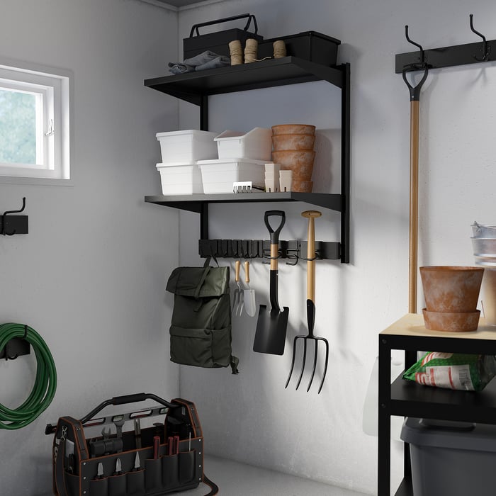 BROR wall shelf combination, with hooks/2 shelves/black, 88x45x90 cm - IKEA