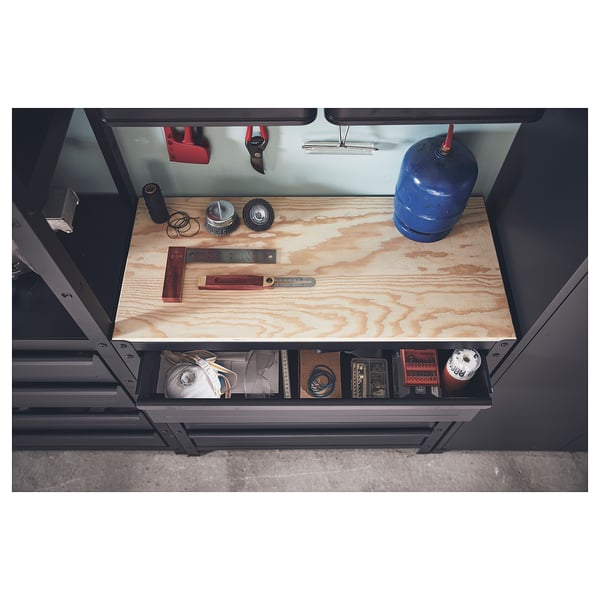 BROR Work bench with drawers, black/pine plywood, 85x40x89 cm
