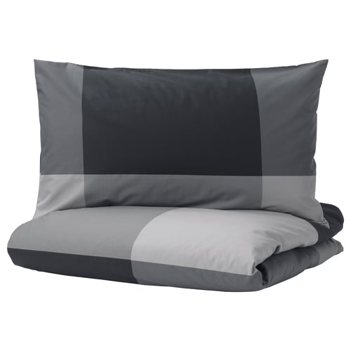 A BRUNKRISSLA grey duvet cover set with square patterns, made of cotton and viscose.